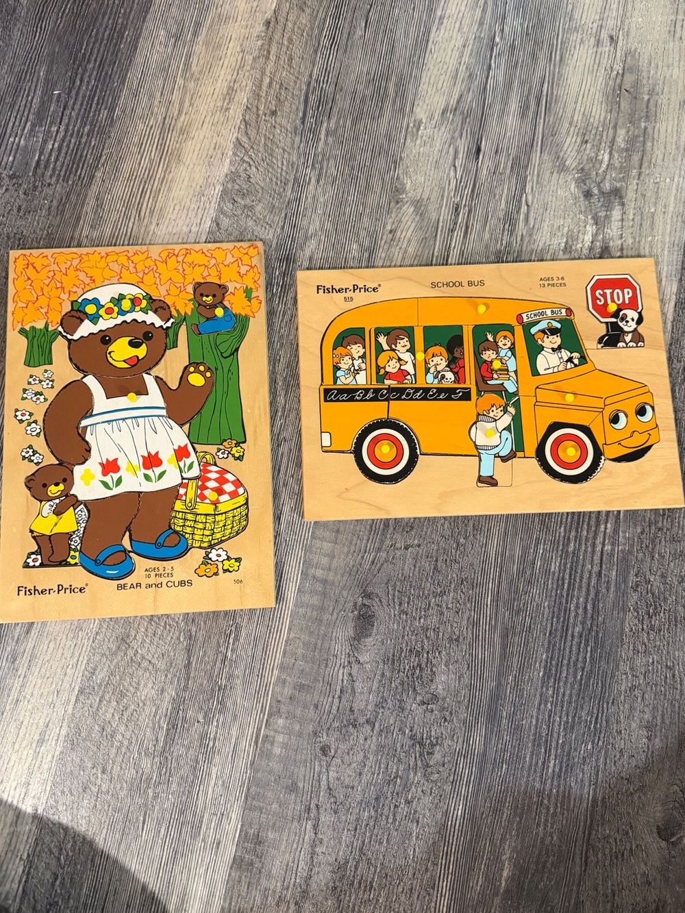 Fisher-Price Yellow School Bus & Brown Bear Wooden Puzzles
